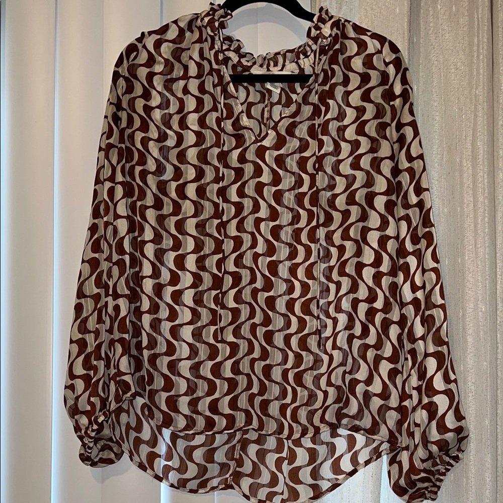 H&M Brown and Cream Wavy-Print Long Sleeve Blouse